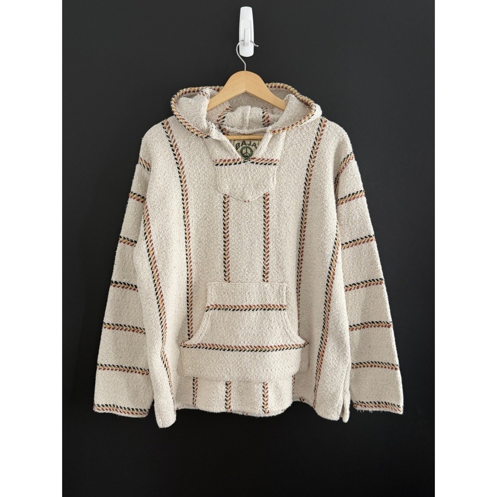 Vintage Baja Hoodie Drug Rug Mexican Pullover Cream Multicolor Striped Medium